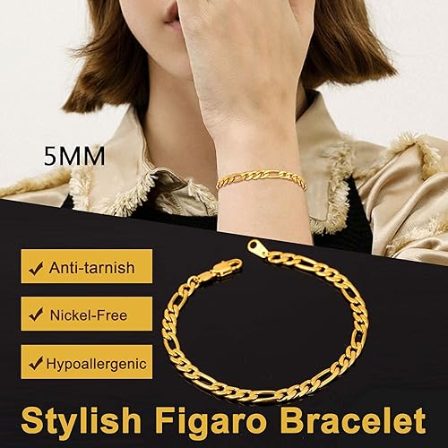 Miniatura 5 de U7 Figaro Bracelet, Stainless Steel Figaro Chain Bracelet, Rope Chain Bracelet Stainless Steel 18K Gold Plated Wrist Chain for Men Women