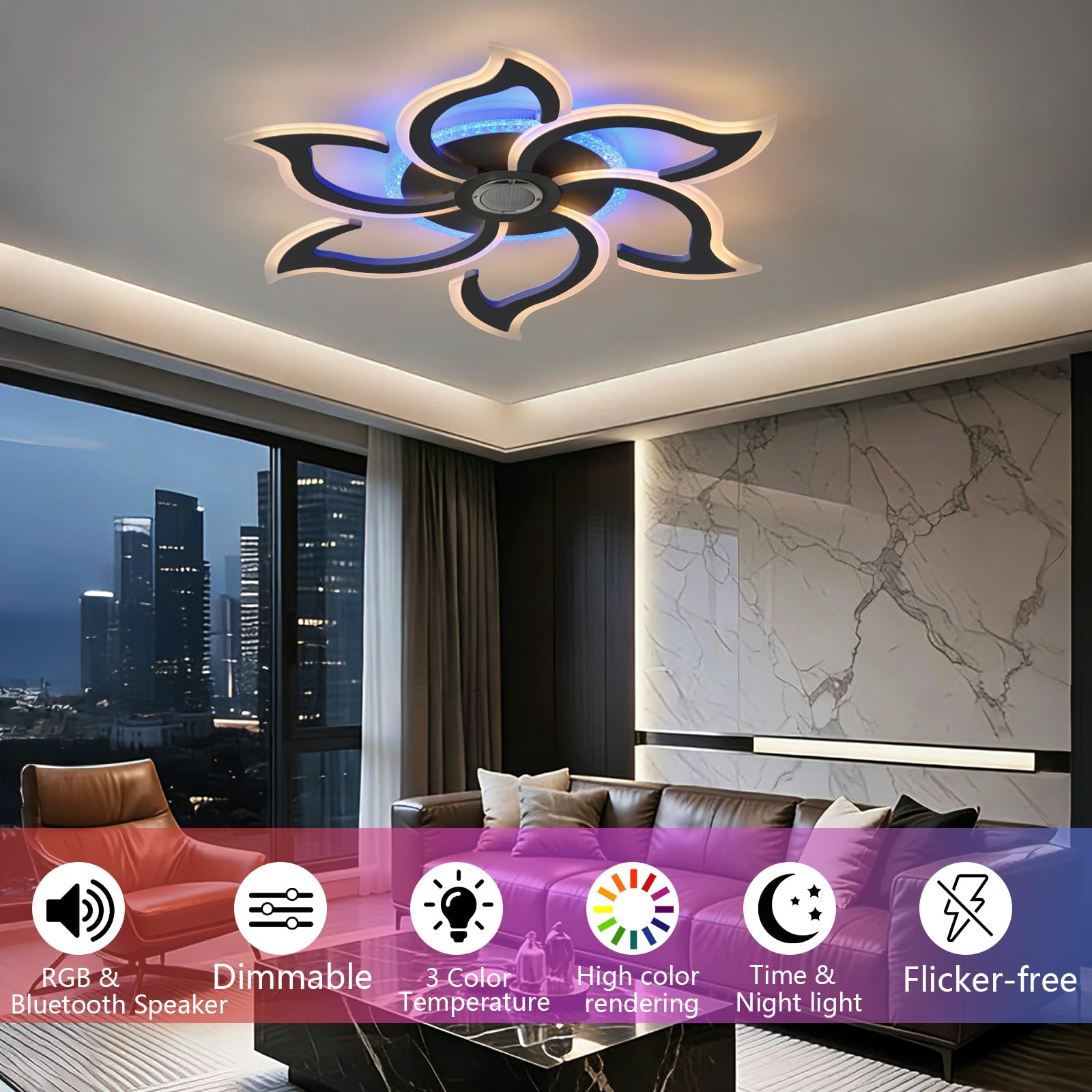 Plafoniera Soffitto RGB è Dotata di Sei Petali Lampadario Altoparlante Bluetooth Telecomando App Lampadari Dimmerabile 3 Temperature di Colore Timer Funzione di Memoria per Camere da Letto, Nero