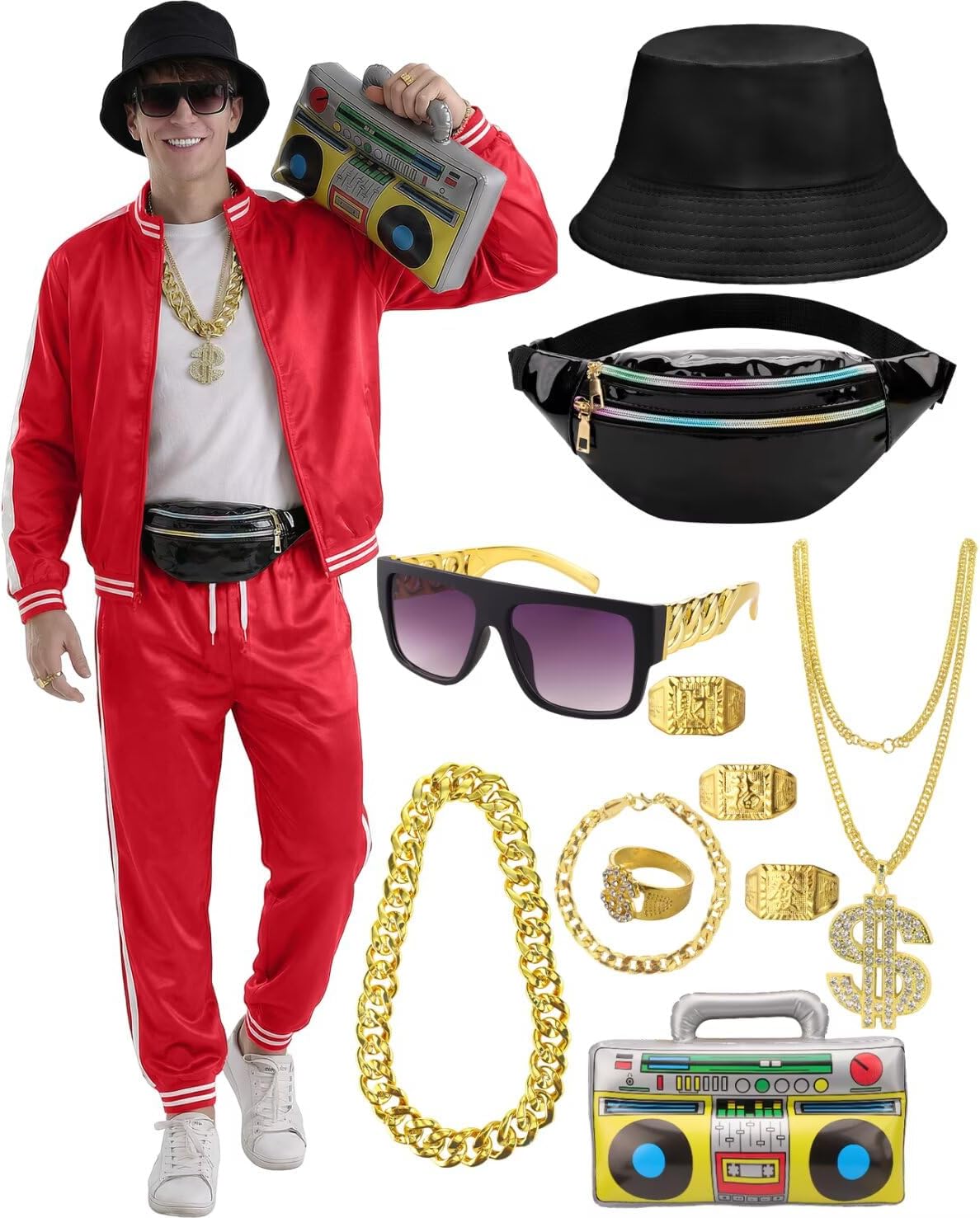 VillbeCoser 80s 90s Outfit for Men Tracksuit Costume, Hip Hop Hat Fanny Pack Ring Bracelet Gold Chain Rapper Sportswear