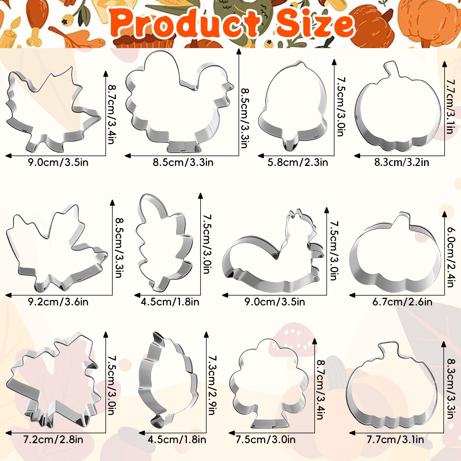 12 Pieces Thanksgiving Cookie Cutters Set, Mini Stainless Steel Cute Cookies Cutter Includes Pumpkin, Turkey, Maple, Oak Leaf - Image 2