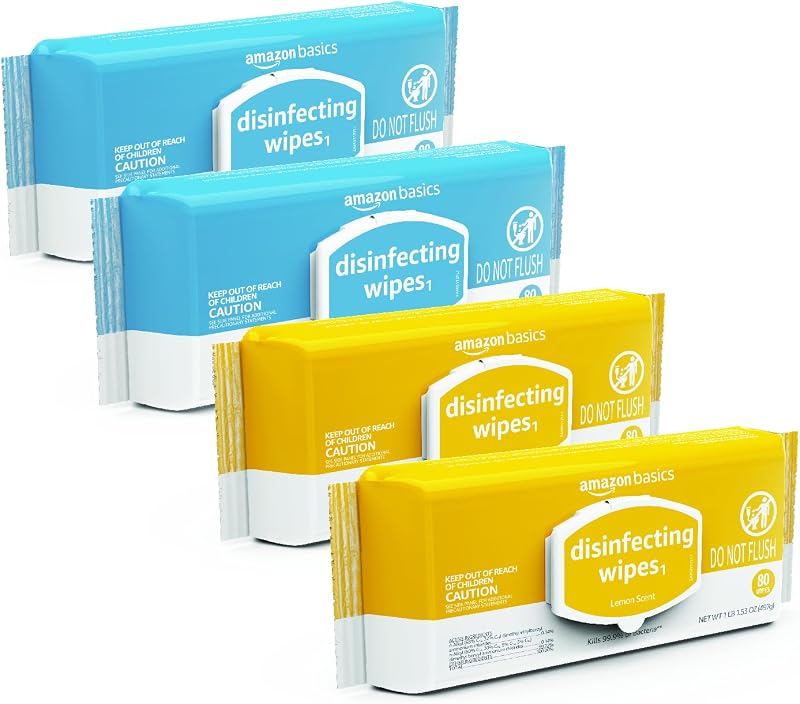 Amazon Basics Toallitas desinfectantes, Aroma de limón y aire fresco, Multi-superficie, Desinfecta/Limpia/Desodoriza, Fuerte y conveniente, 320 unidades (4 paquetes de 80)