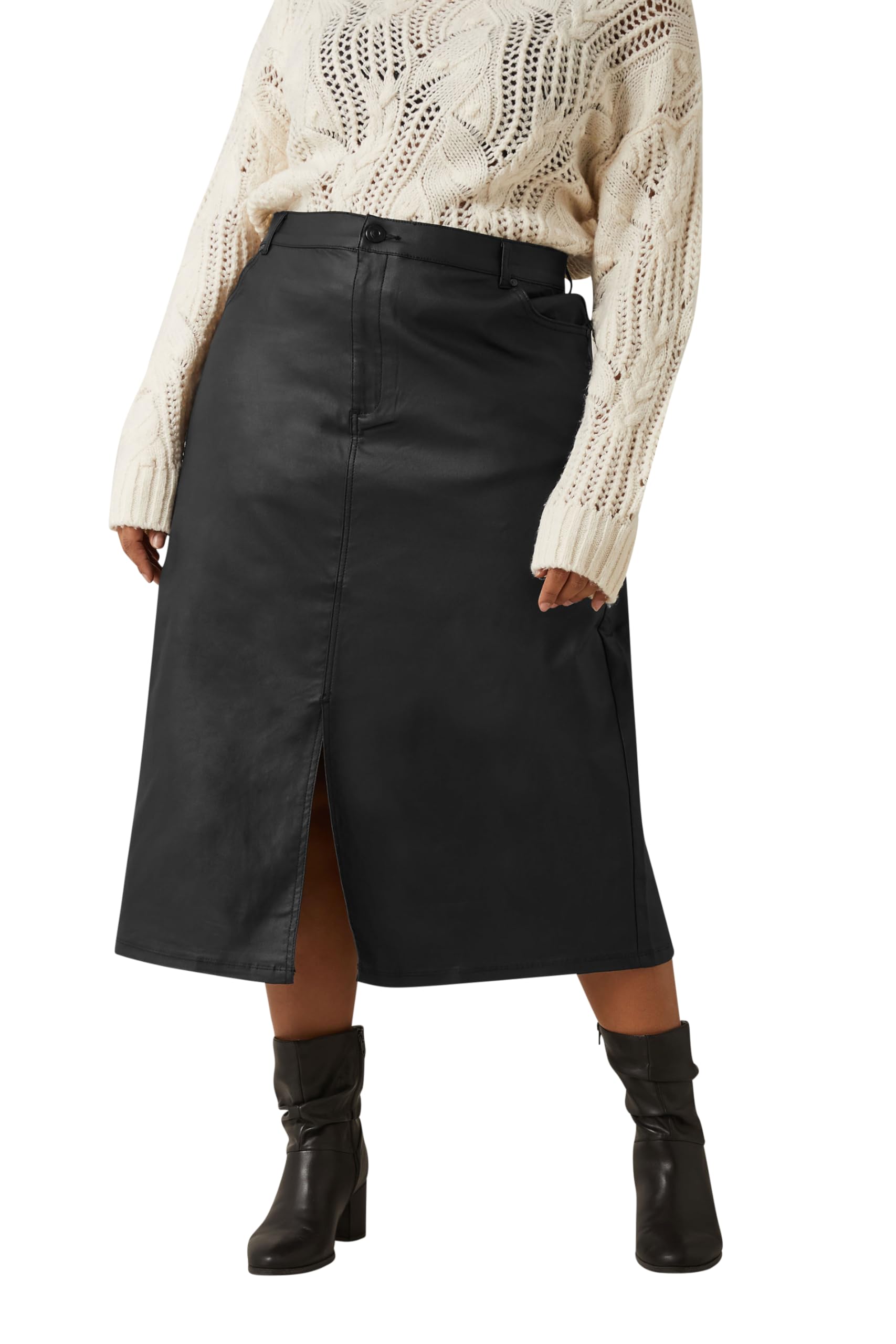 Evans Women's Black Curve Coated Split Hem Midi Skirt - Plus Size Curve