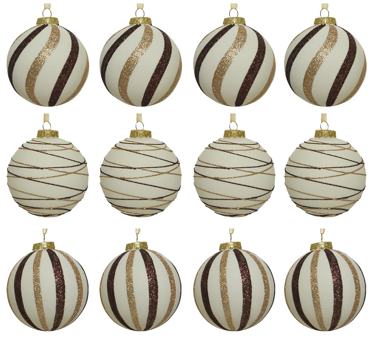 Kaemingk Lot de 12 boules de Noël en verre avec motif rayures Blanc laine marron 8 cm