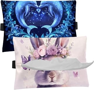 2 Pieces Tissues Purse Pocket Car Tissue Box Holder, Reusable Travel Car Visor Tissue Pouch Zipper Tissue Case for Vehicle Paper Storage (Blue Tone Dolphin)