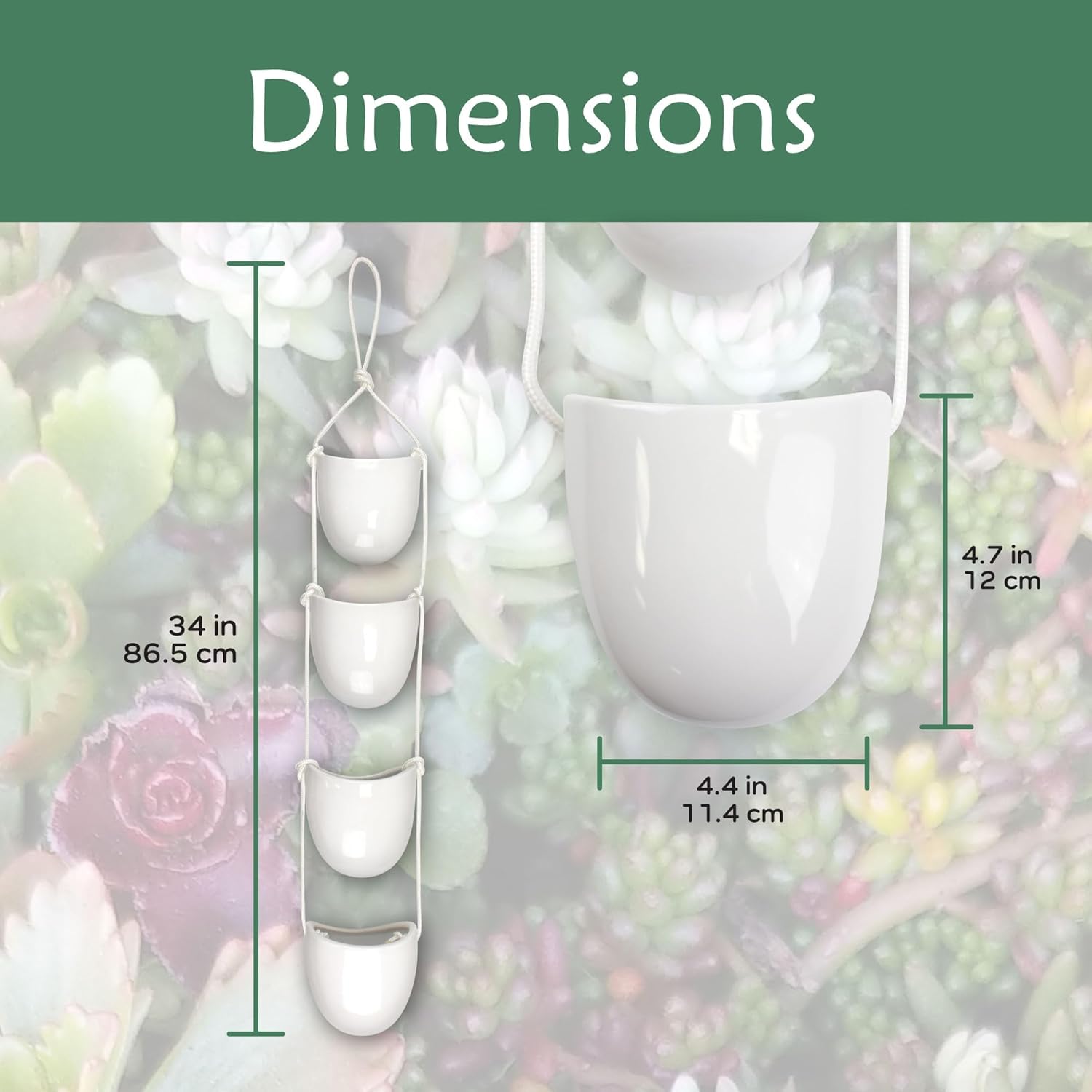 BambooMN Ceramic Succulent Pots - 4 Pots - Bucket Shape - with Rope - White - 34" Long