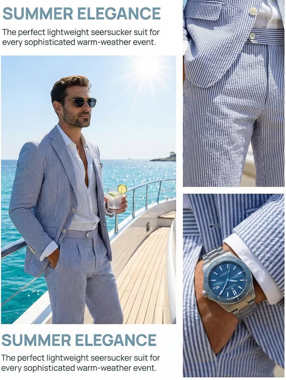 Seersucker Mens Suit 2 Piece Slim Fit Stripe Suits Tuxedo Blazer Jackets Pants Set Summer Beach Wedding Outfit for Men