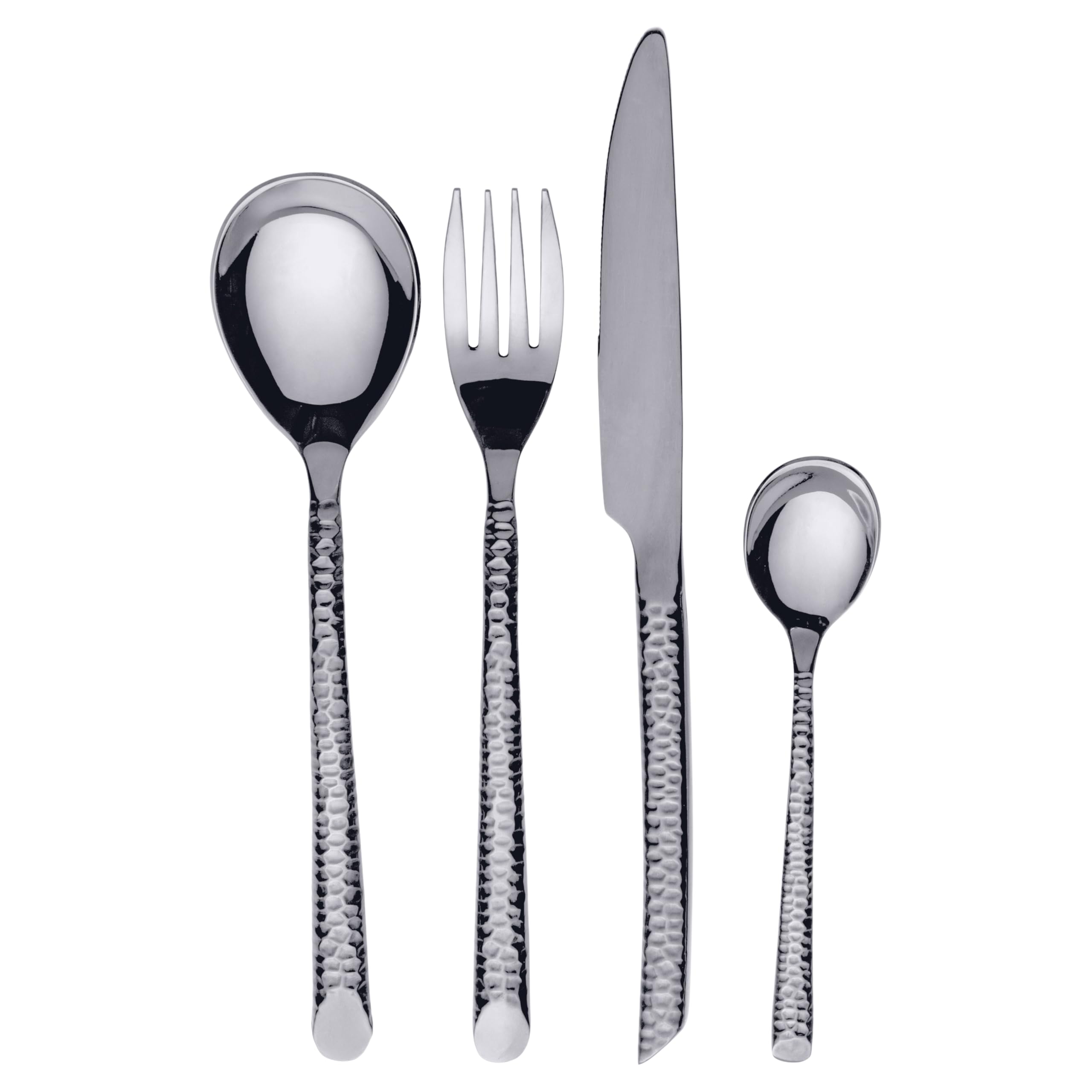 Lot de 24 couverts en acier inoxydable poli, poignée effet martelé, argent, Malindi