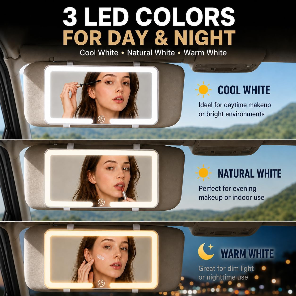 Car Sun Visor Vanity Mirror with Lights, Rechargeable Makeup Mirror for Car with Smart Sensor, 78 LED Dimmable Lights, 3 Color Modes, Protective Cover for SUV Truck Accessories