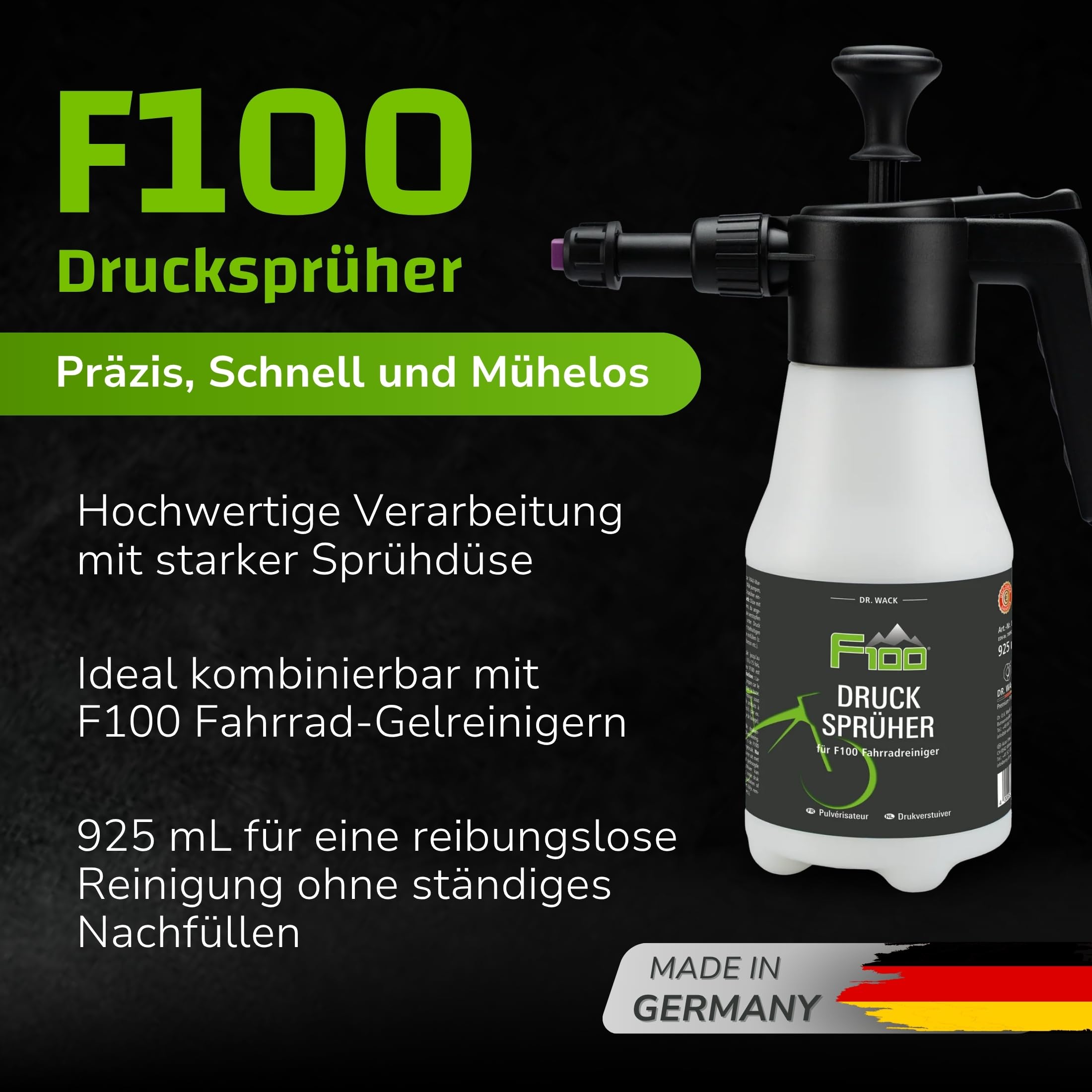 DR. WACK F100 Drucksprüher 925 ml - Leere Sprühflasche für Fahrradreiniger - Pumpflasche mit Drehventil - Schnelle & einfache Fahrradreinigung - Fahrrad Zubehör - Hochwertige Fahrradpflege