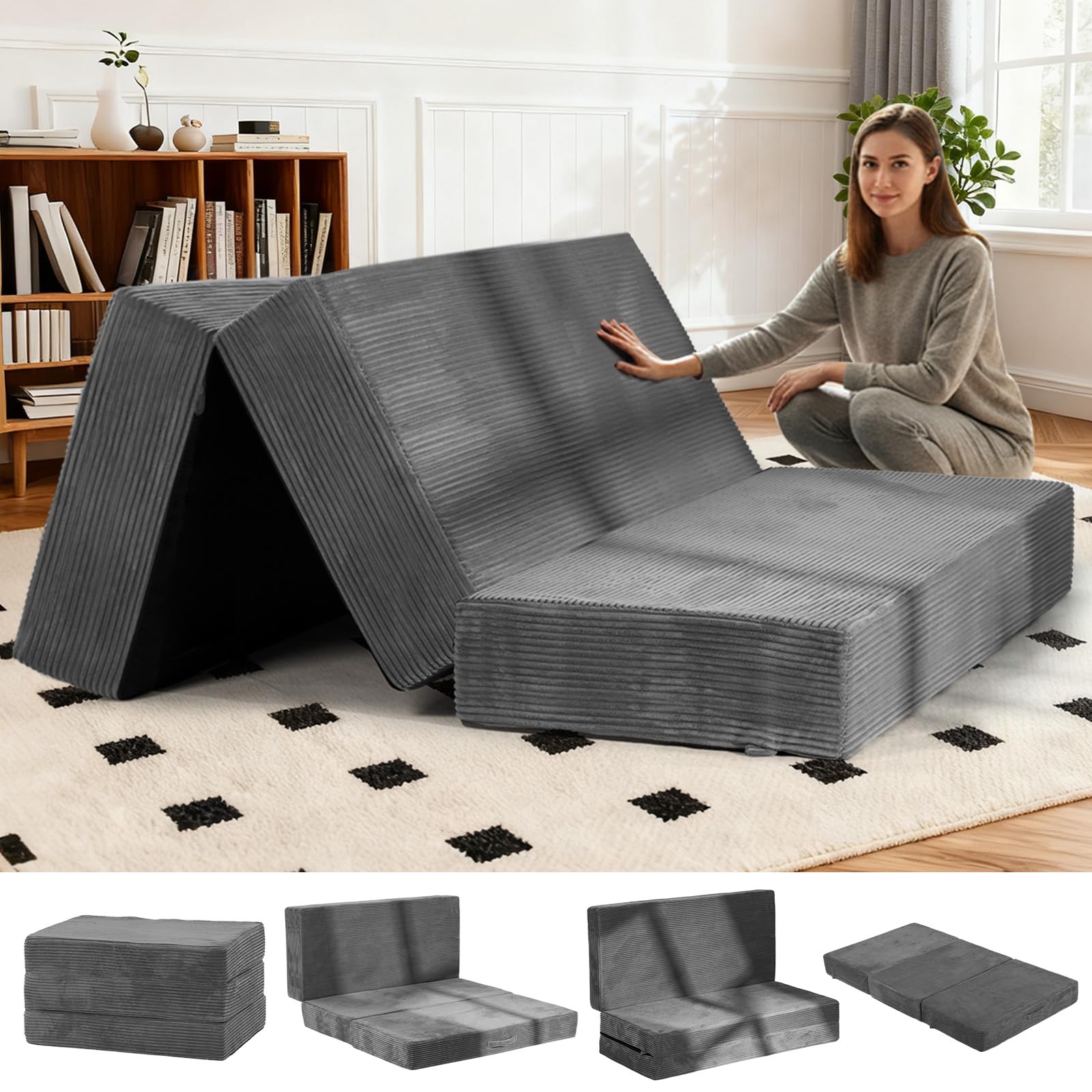 6-Inch Tri-Fold Foldable Mattress, Folding Sofa Bed with Removable Washable Cover, Portable Futon Mattress Full Size Floor Guest Mat with Non-Slip