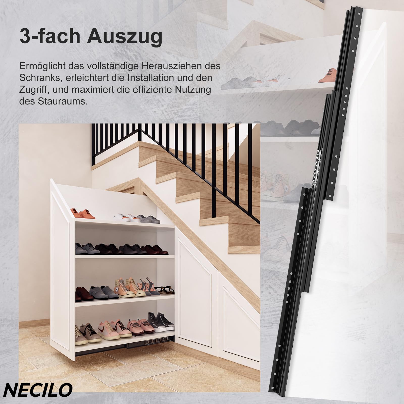 NECILO 600 mm Schwerlastauszug Schubladenschienen mit Bodenhalterung, 3 Falten Vollauszug, Kugellager, Versteckte Gleitschienen für Treppen, Schwarz, 106 KG Tragkraft, 1 Paar