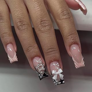 24 Stück 3D Handgefertigte Nägel Zum Aufkleben, Rosa French Press on Nails, Lang Square Akrylnägel Full Cover Künstliche Nägel mit Schleife Perle Herz, Glänzend Kunstnägel für Frauen & Mädchen