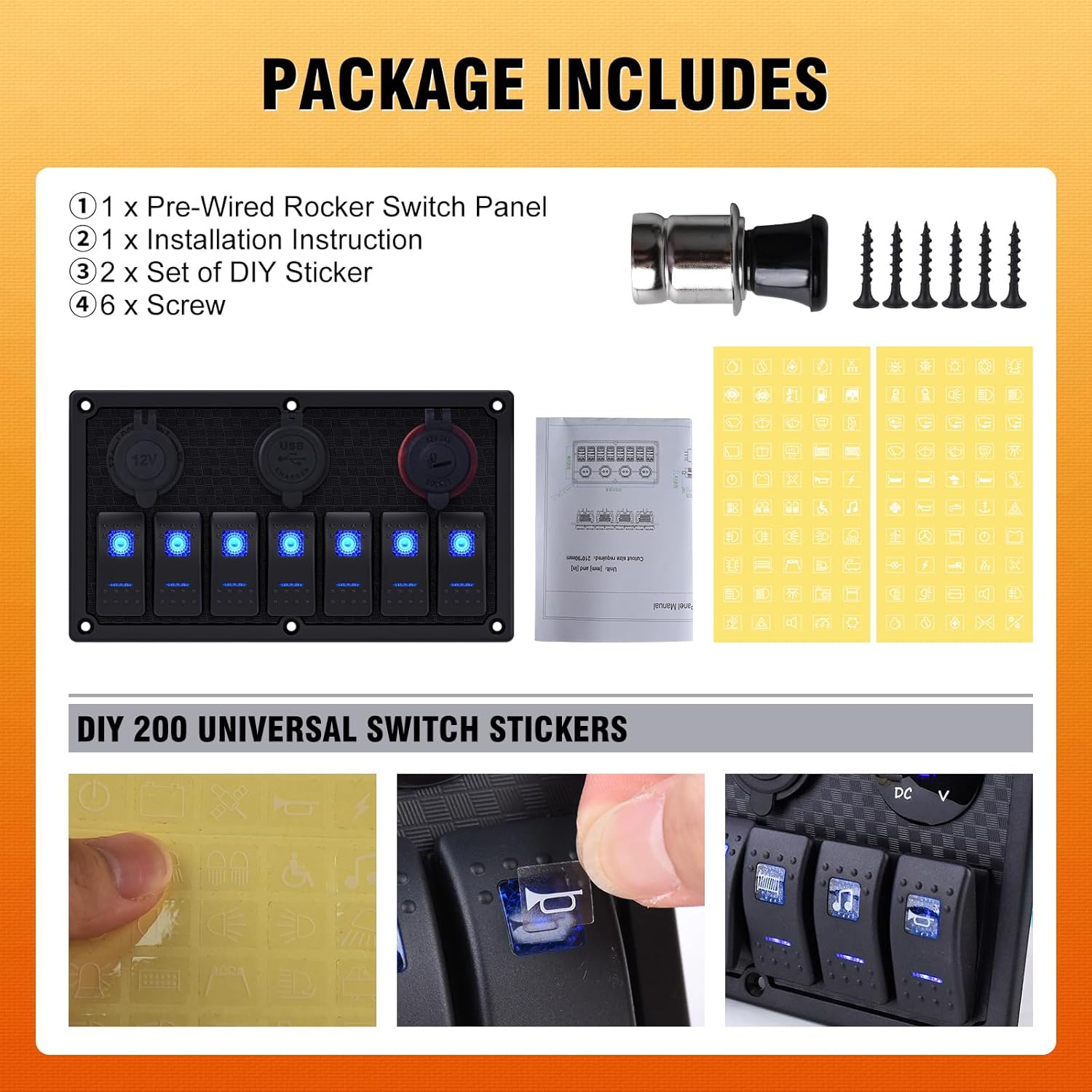 7gang Boat Rocker Switch Panel Waterproof,Marine Rocker Switch Panel 12-24V with Dual USB Charger and Fuse,Compatible 6 Gang Switch Panel Waterproof and Suitable for RV UTV Truck(On/Off Blue LED