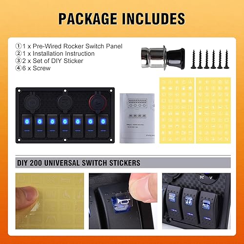 Vista 80 de Panel de interruptor de palanca impermeable de 6 cuadrillas 12V/24V Panel de interruptor basculante de aluminio con cargador USB doble, voltímetro