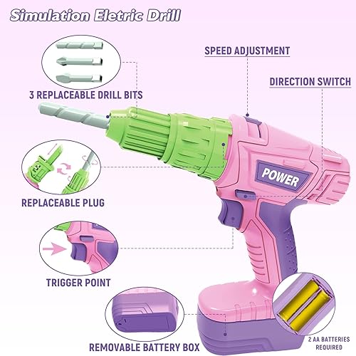 Miniatura 3 de Juego de herramientas para niños, juego de herramientas de juguete rosa para niñas con taladro eléctrico, martillo, cepilladora, chaleco de trabajo,