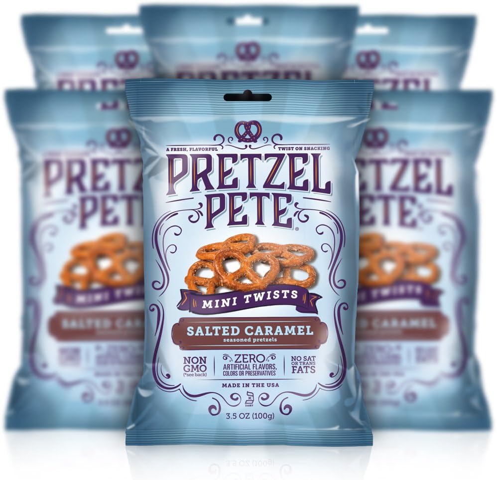 Salted Caramel Seasoned Mini Twist Pretzels, over 1 lb (6 packs/3.5oz each). Clean label. No nuts. Family-owned.