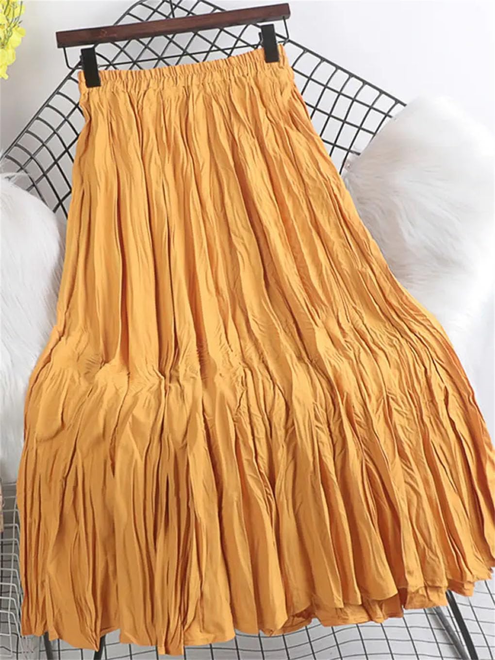 Faldas plisadas de cintura alta de color liso para mujer, longitud media, falda casual acampanada