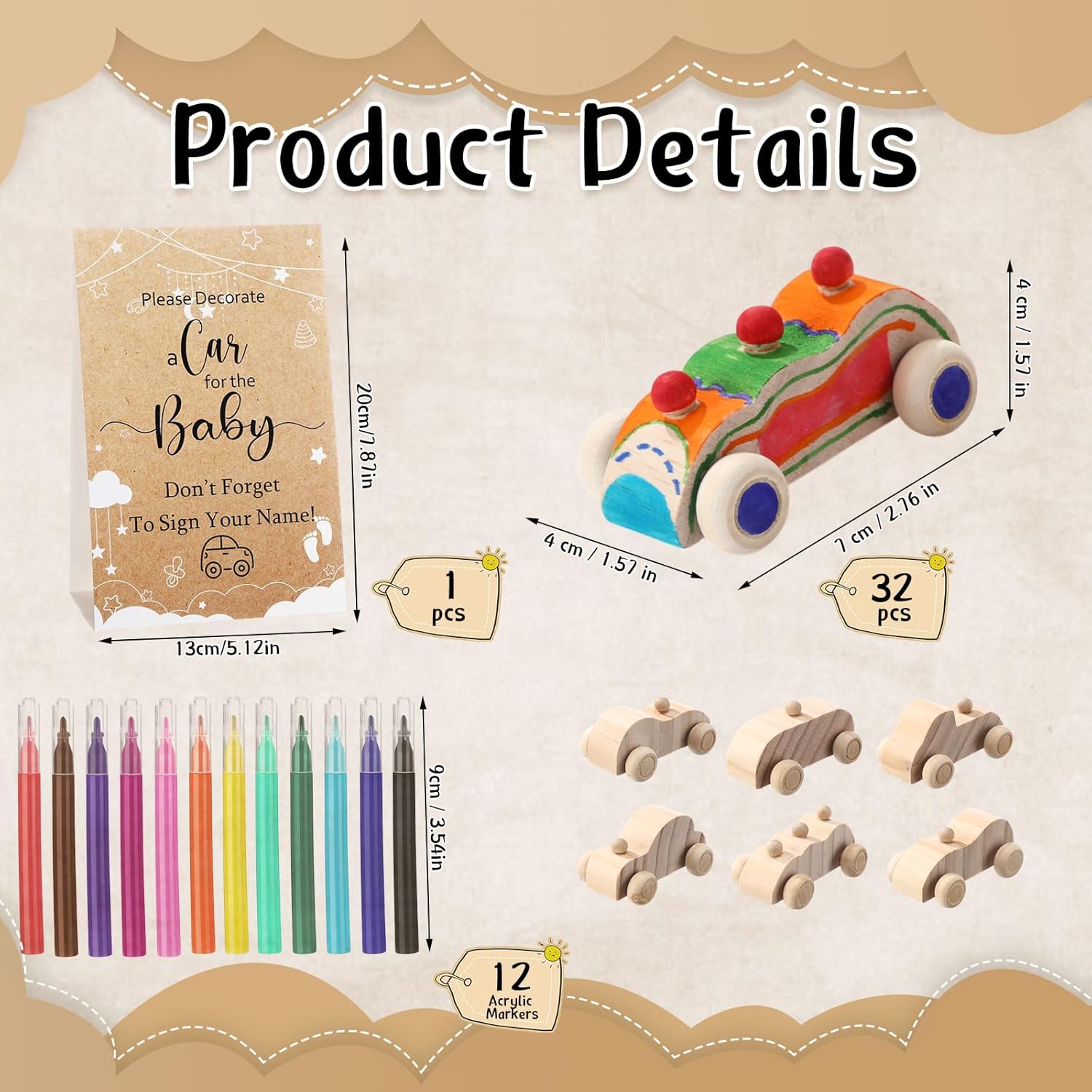 WinnerWhy Baby Shower Game Sign Kit Includes 32 Unfinished Wooden Car Blocks, 12 Markers, and a Prize Decoration Sign for Baby Shower(Kraft)