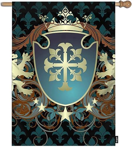 Mugod Bandera de jardín con escudo retro, marquesina, vector, escudo adornado, león, medieval, símbolo de poder militar, decorativo, primavera,