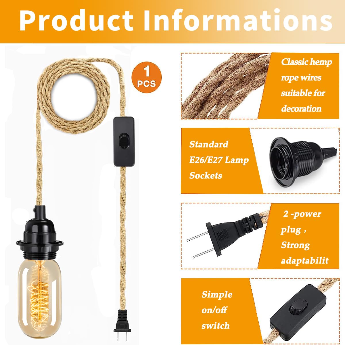 Linterna colgante de extensión envuelta en ratán, lámpara colgante enchufable con cordón de cáñamo, 15 pies, compatible con lámpara de tela vintage E26/E27, ideal para decoración de estilo 3