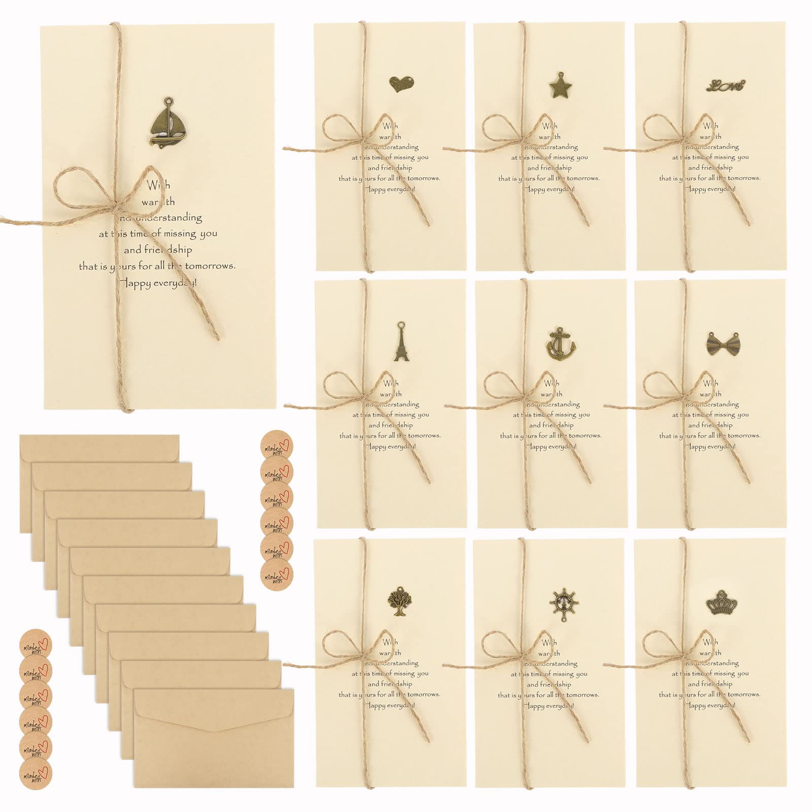 Coptiner Writing Stationery Paper and Envelopes Set, Vintage Letter Writing Set, 10 Letter Papers Cards 10 Kraft Envelopes 10 Hemp Rope and 12 Stickers for Invitation Gifts