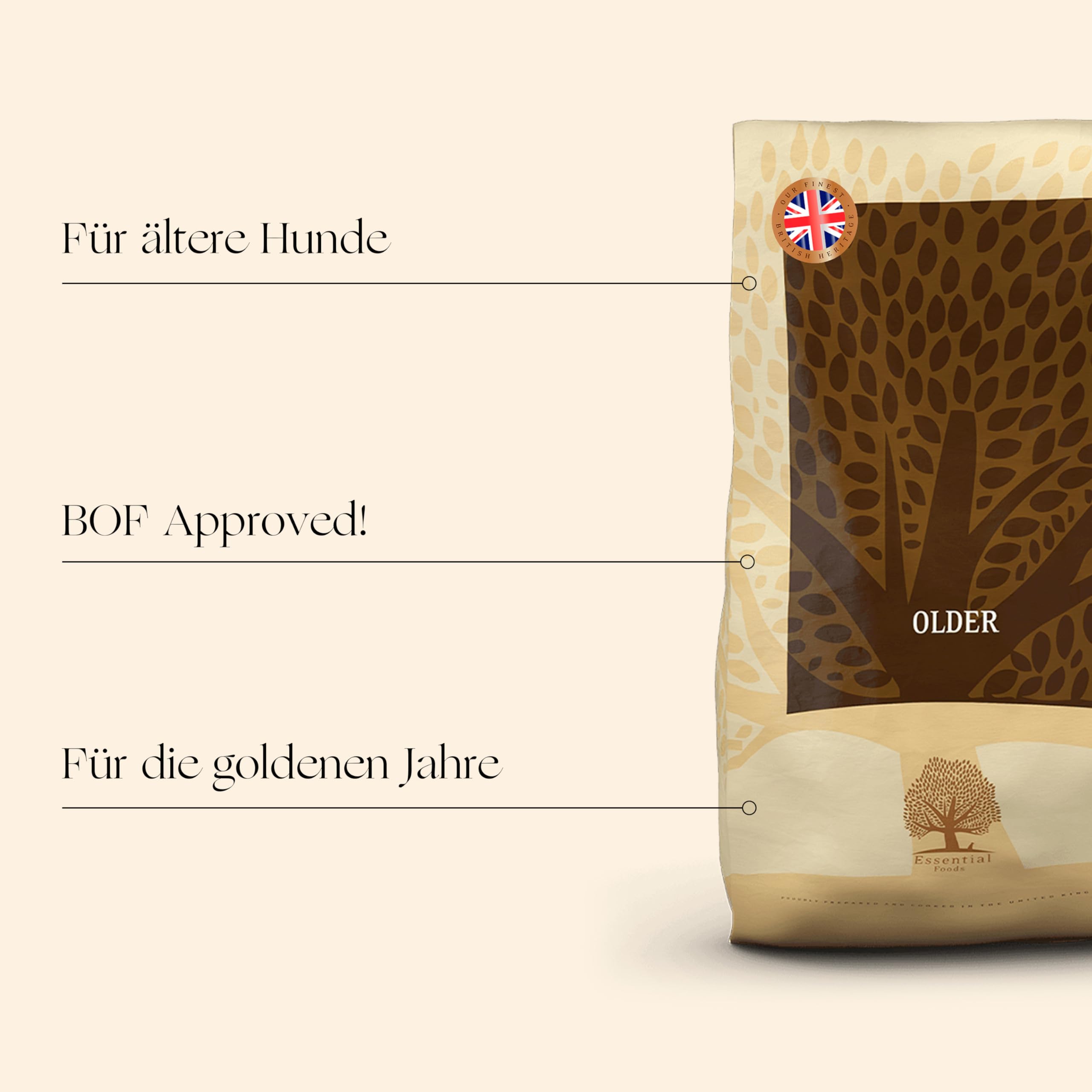 Essential Older 10 kg | Huhn, Ente, Lachs & Forelle | Getreidefrei Hundefutter für große Senior Hunde | hoher Fleischanteil | nach dem BOF-Prinzip