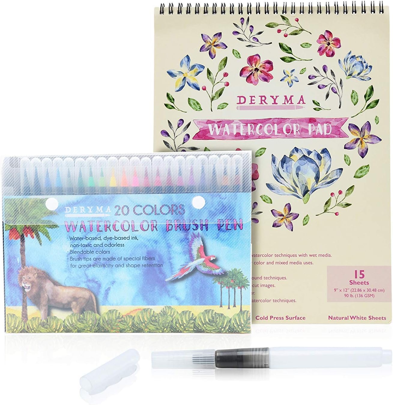 Deryma Watercolor Brush Pens Set - 20 Vibrant Blending Color Brushes for Painting and Calligraphy - Washable and Non-Toxic Real Brush Tips with Refillable Water Brush Pen and 15 Sheets Watercolor Pad