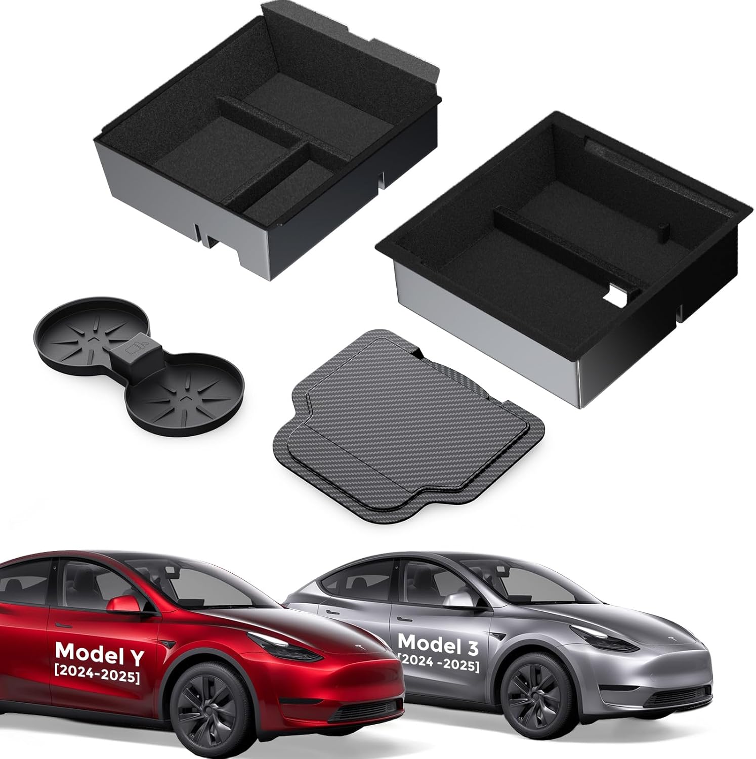 4PCS Upgraded Tesla Model Y Juniper (2025–2026) Accessories & Tesla Model 3 (2025 Highland) Accessories Center Console Organizer, Hidden Storage Box, Cup Holder, and Armrest Drawer Organizer Flocking Style