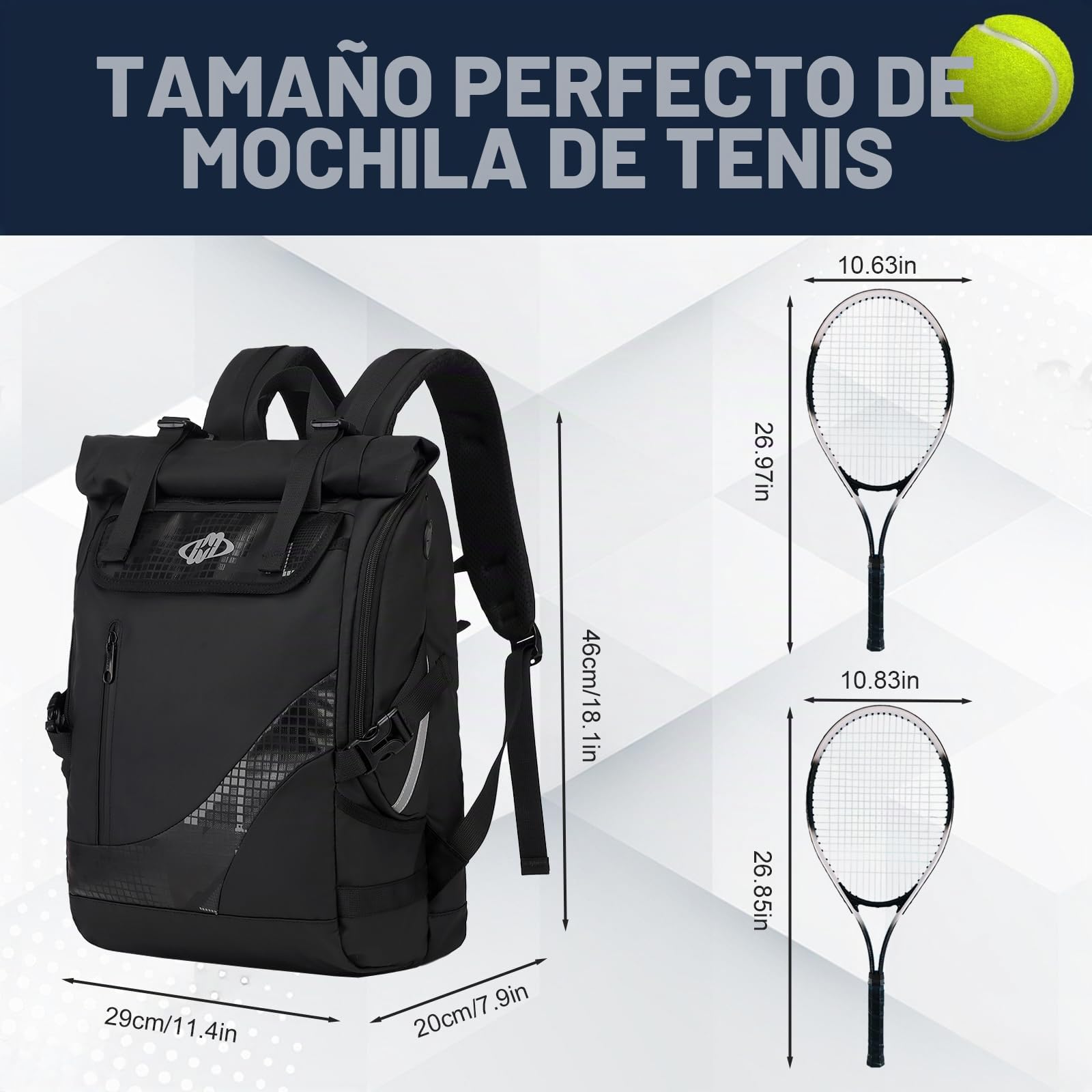 Mochila de Tenis con Capacidad para 2 Raquetas, Bolsa de Tenis con Compartimento Zapatos