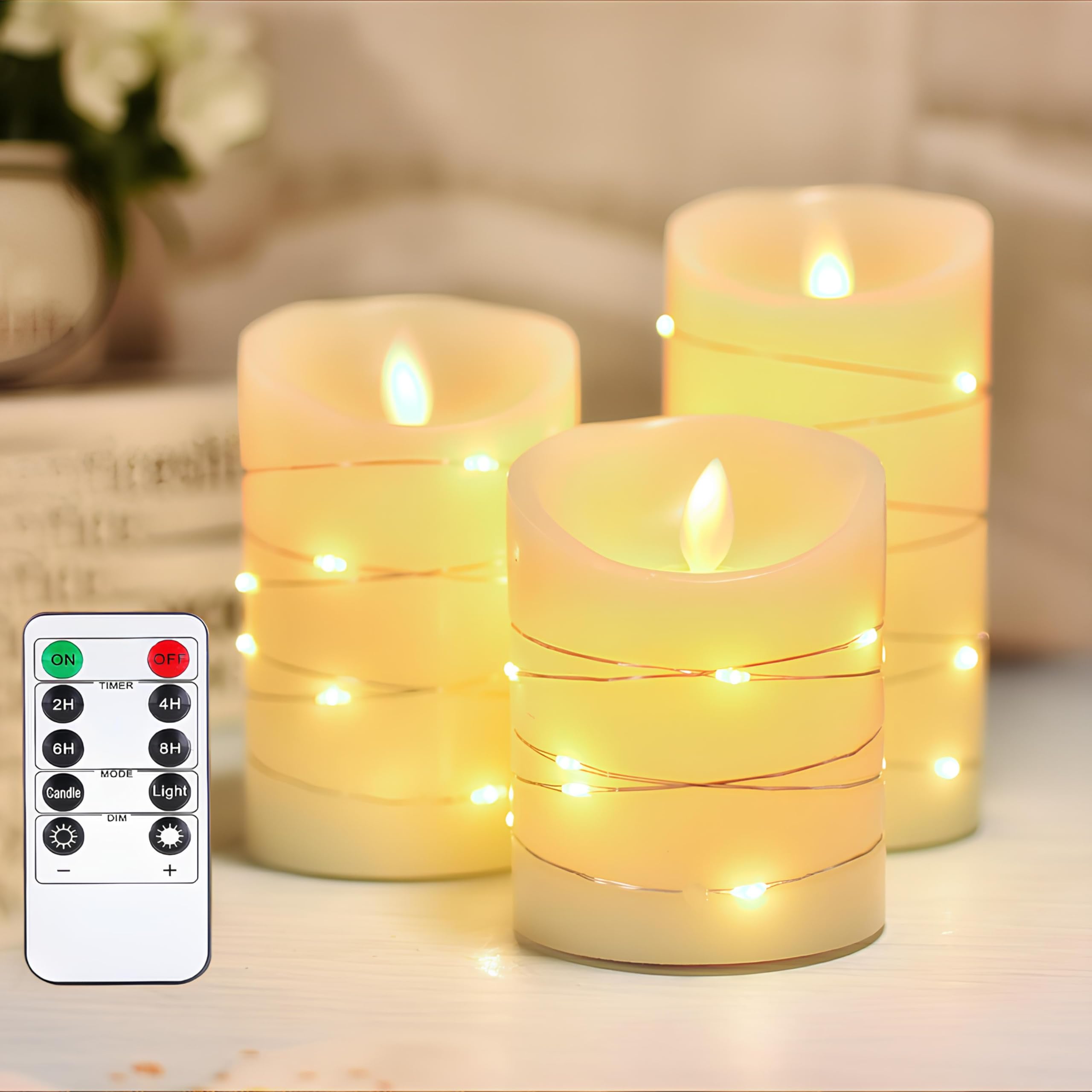 Juego de 3 Velas LED Efecto Llama, Velas LED con Mando y Temporizador, Funciona con Pilas, Velas Electricas de Cera Reales, llama Danzante, Velas Decorativas de Pilas, Blanco- Altura 10/12.5/15cm