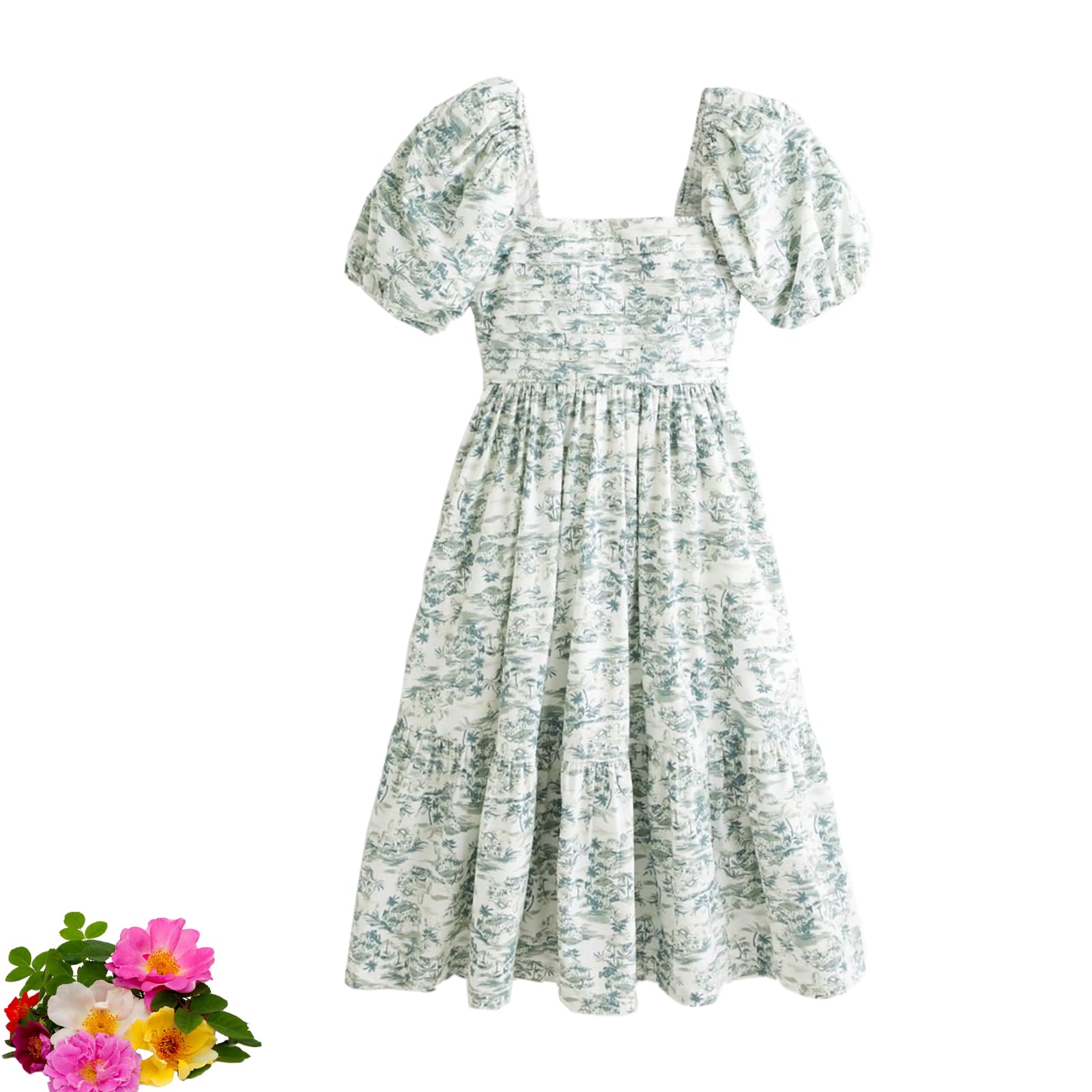 Hivebabe Vestito, Manica Puff Midi Vestito,Flowy Beach Floral Ruffle Midi Abiti con Tasche Vestito, WFFUO, Verde chiaro, 3XL