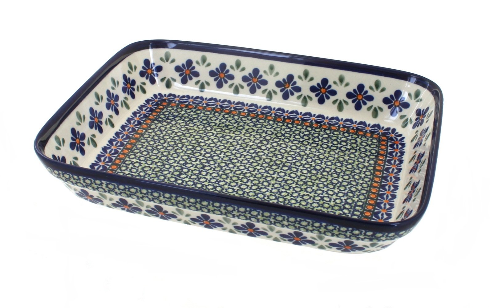 Blue Rose Polish Pottery Mosaic Flower Small Rectangular Baker