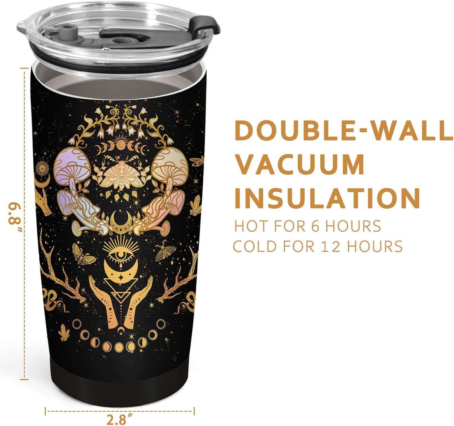 Mushroom Tumbler, Mushroom Gifts for Women, Moth Moon Tumbler,Sun Moon Cup, Witchy Birthday Gifts Constellation Insulated Tumbler With Lid Coffee Mug 20 OZ - Image 3