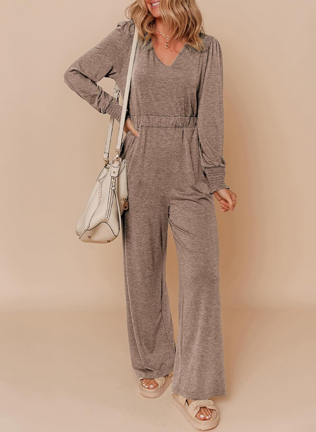 Dokotoo Lantern Long Sleeve Jumpsuit Wrapped V Neck Elegant for Womens Dressy Casual 2024 Fall One Piece Romper Outfits - Image 2