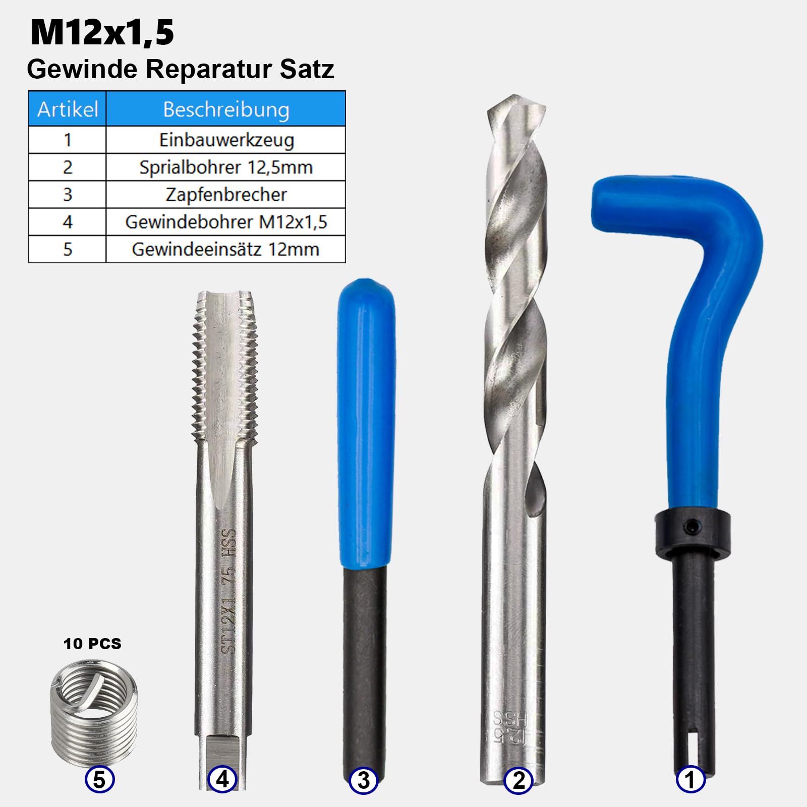 Zestaw narzędzi do naprawy gwintów M5, M6, M8, M10, M12, M14, do wyboru, do aluminium, tworzywa sztucznego i metalu (M12 x 1,5)