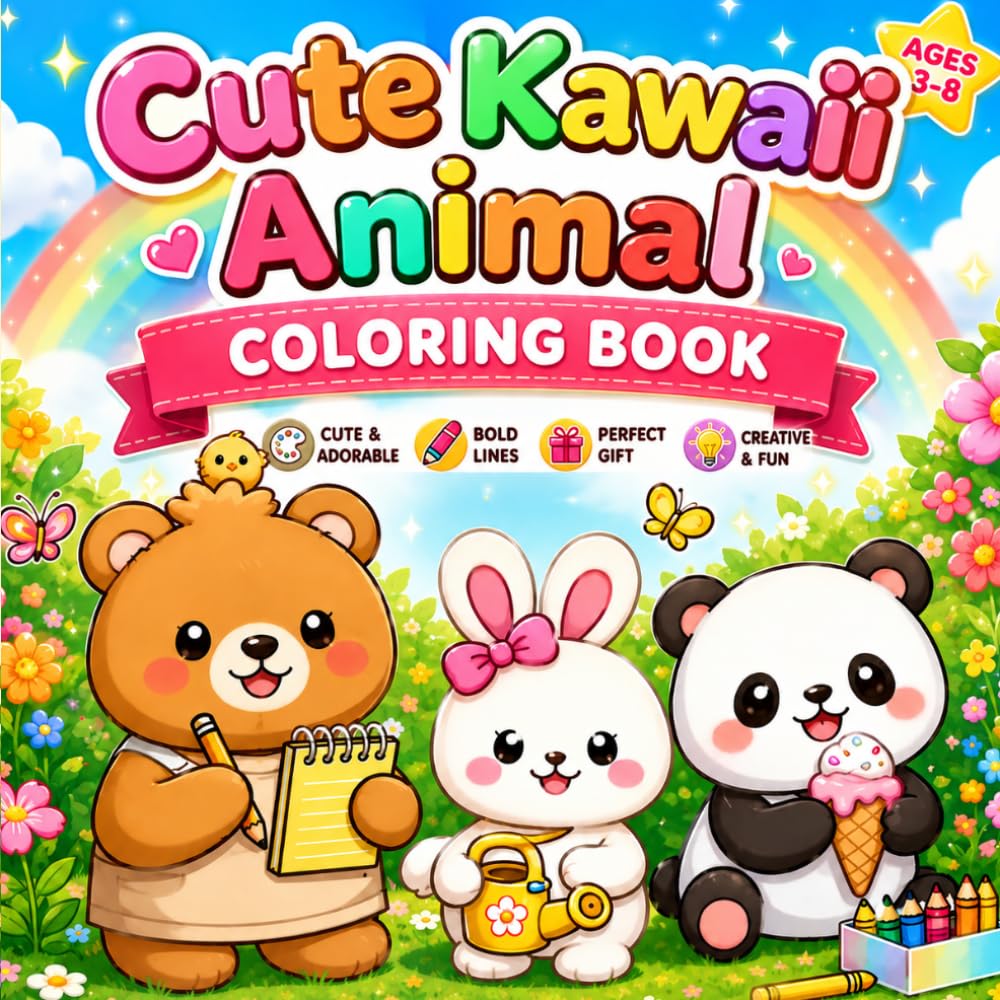 Cute Kawaii Animal Coloring Book: Fun, Funny & Relaxing Animal Scenes for Kids, Teens & Adults | Bold & Easy Designs