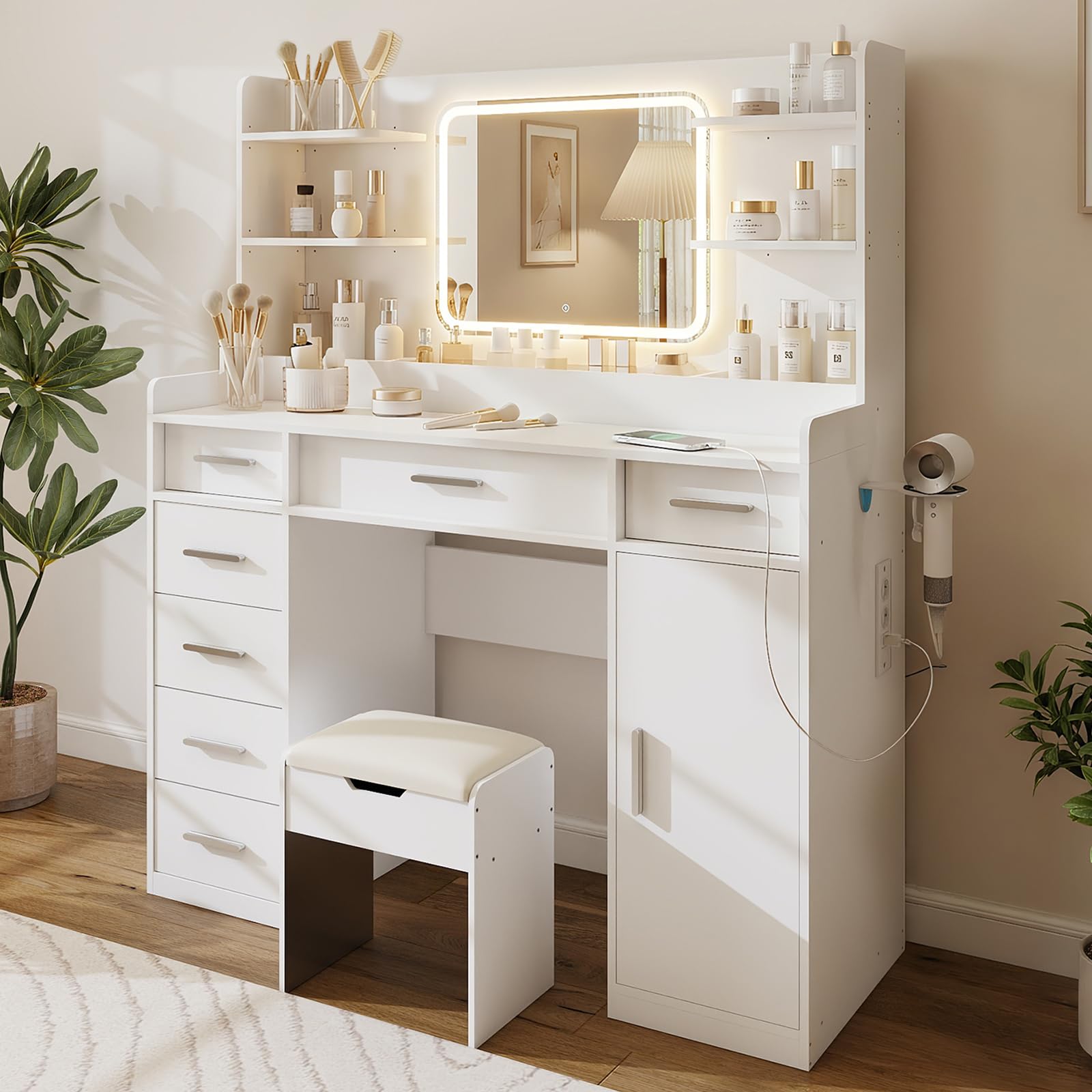 Toeletta Trucco con Sgabello, Led Regolabili