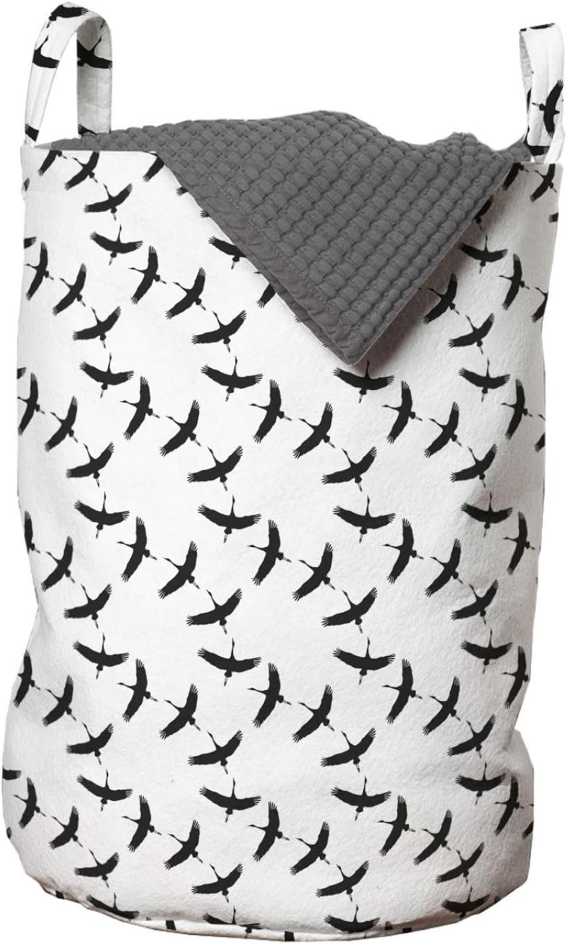 ABAKUHAUS Cigüeña Bolsa de lavandería, Minimalista Bird Migrar Estilo, Cesta con asas Cierre de cordón para las lavanderías, 33 x 33 x 49 cm, Gris carbón negro