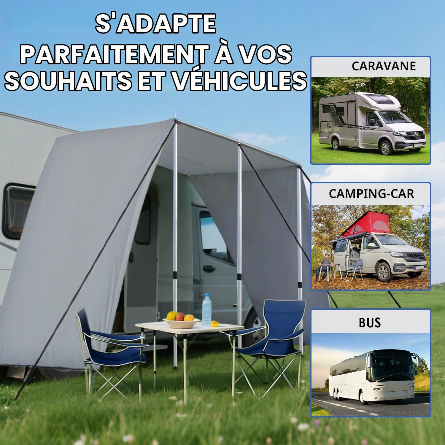 Auvent Fourgon, Caravane 4 X 2.4m, Van Aménagé Car, Store Camping Car, Rails de Passepoil (4-7mm), Veranda per roulotte, Store Camping Car, Caravane