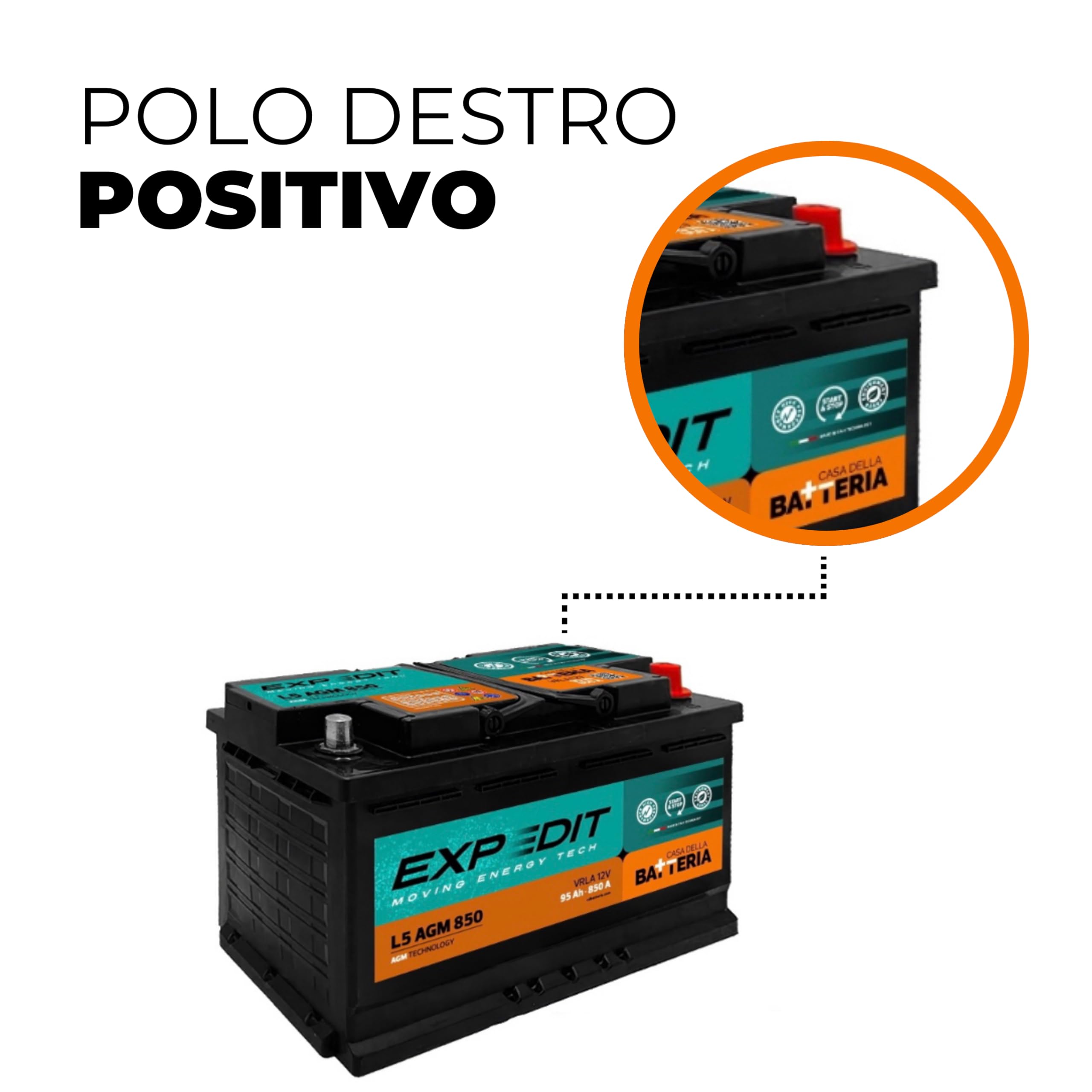 La Casa della Batteria Batteria Auto Expedit Moving Energy Tech Batteria 12v Batteria Auto 95Ah 850A Start&Stop AGM L5 VR850 DX 35.3×17.5×19 cm Senza Manutenzione Pronta all'Uso Made in Italy