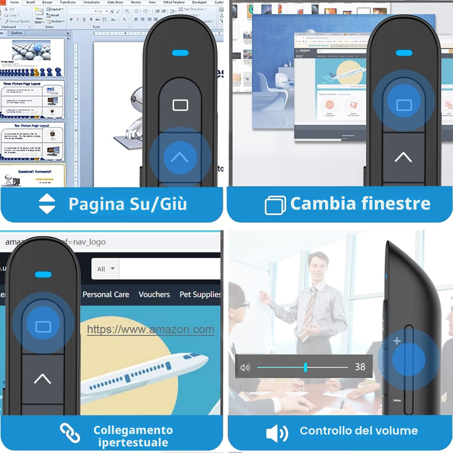 Puntatore Presentatore Wireless Presenter Ricaricabile Telecomando Presentazioni Powerpoint con Volume Collegamento Ipertestuale, Telecomando Slide PC Penna Presentazioni per Computer Mac