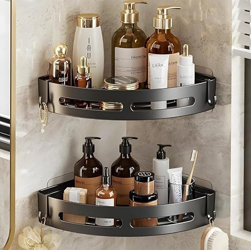 iSTAR Self-Adhesive Wall Mount Bathroom Corner Shelf Rack Organizer | Plastic Storage Shelves for Toiletries, Accessories & Kitchen (2, Black, Pack of 2)