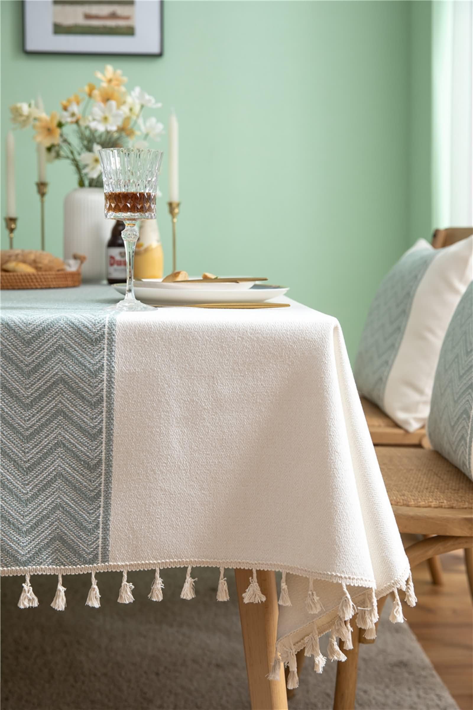 Mantel de Cocina Rectangular Blanco, Empalme de Rayas Onduladas con Borlas, de Poliéster Fácil de Limpiar, 140 x 220 cm, Mantel para Patio
