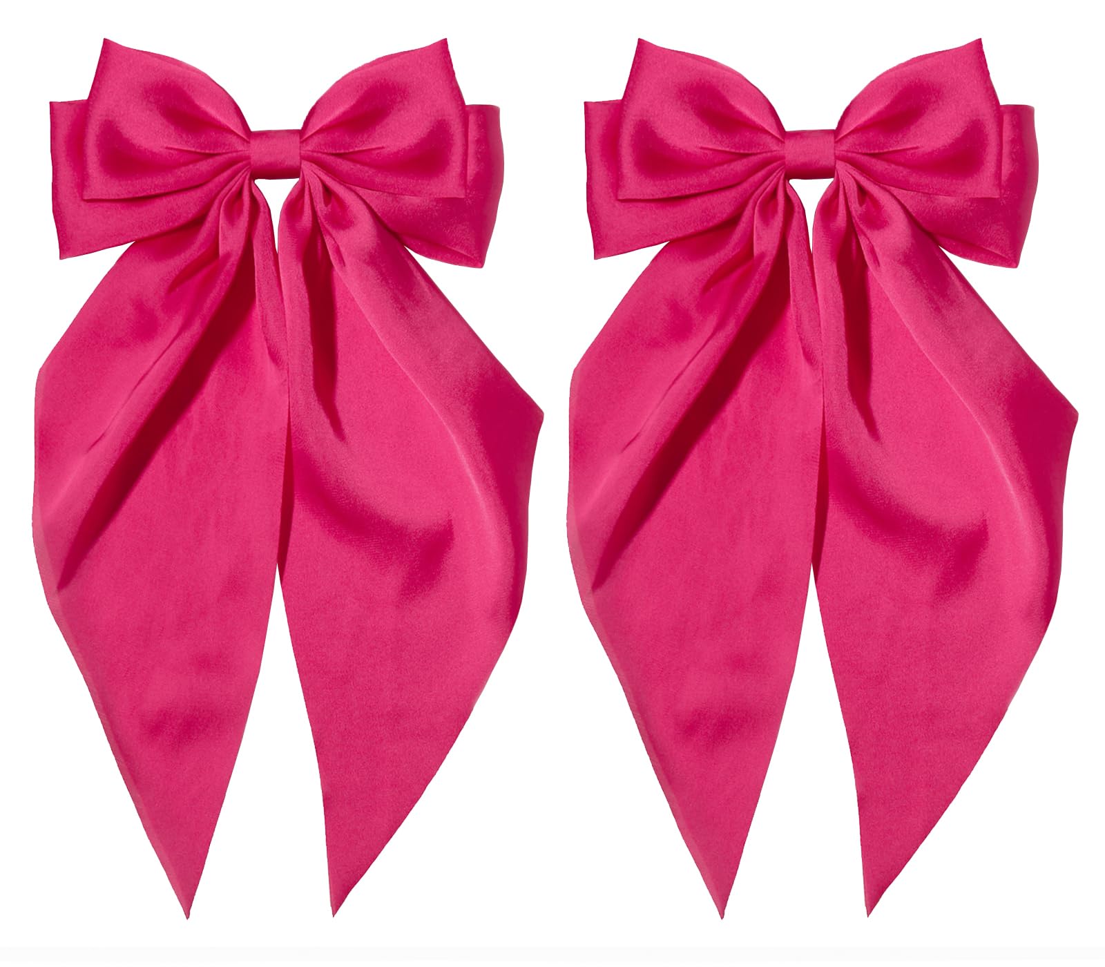 Pink Hair Bow for Women - Furling Pompoms Pack of 2 Hot Pink Bow Clips for Hair,Satin Big Bows Long Tail Alligator Clip Ribbon Large Pink Hair