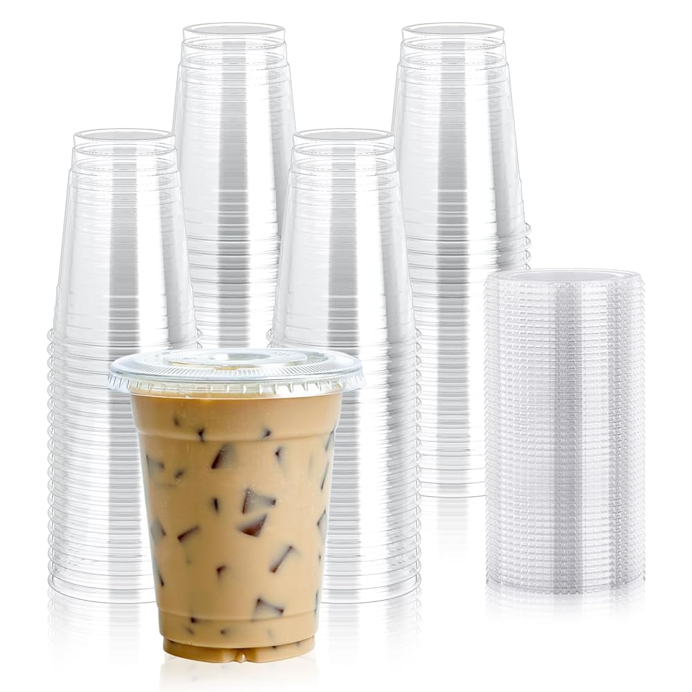 Lilymicky 100 Sets 12 oz Clear Plastic Cups with Flat Lids, 12 oz Disposable Drinking Cups With Lids for Ice Coffee, Smoothie, Slurpee, or Any Cold Drinks