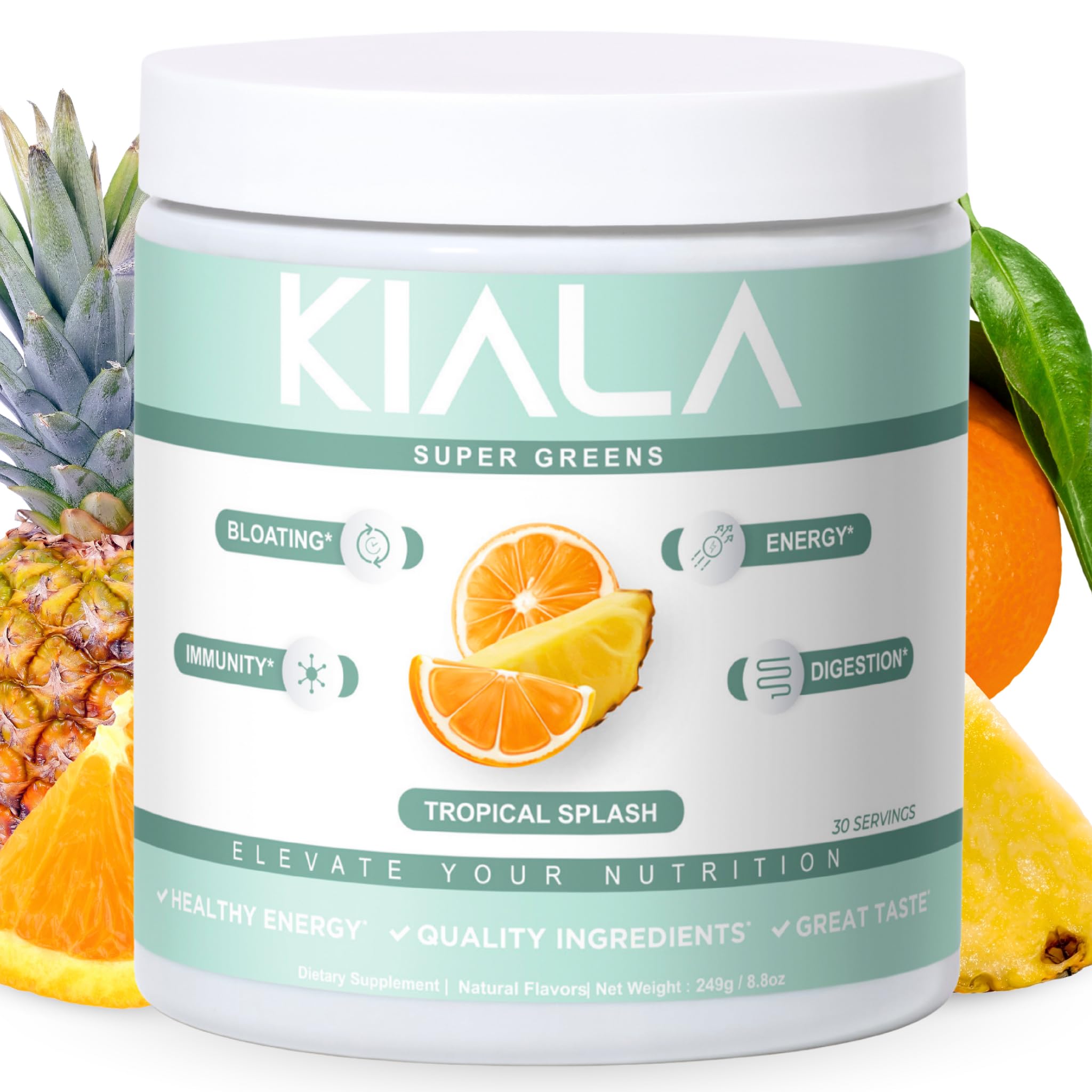 Kiala Nutrition Super Greens - Organic Greens Powder to Reduce Bloat, Support Gut Health, Boost Immunity, Healthy Digestion for Women - Antioxidant Support - Spirulina - Chlorella - Tropical Splash