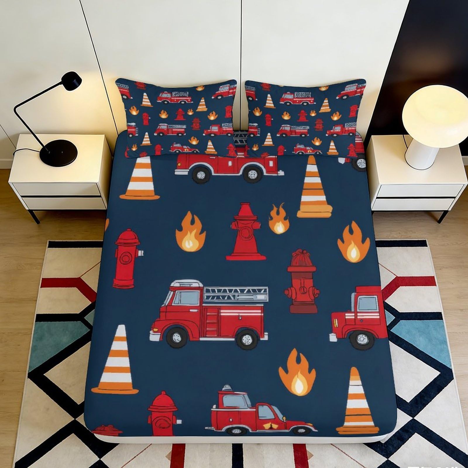 3D Printed Fire Truck Fitted Sheet Microfiber Non-Slip Flame Hydrant Mattress Cover for Bedroom Dorm Decor Navy 160x200x25cm