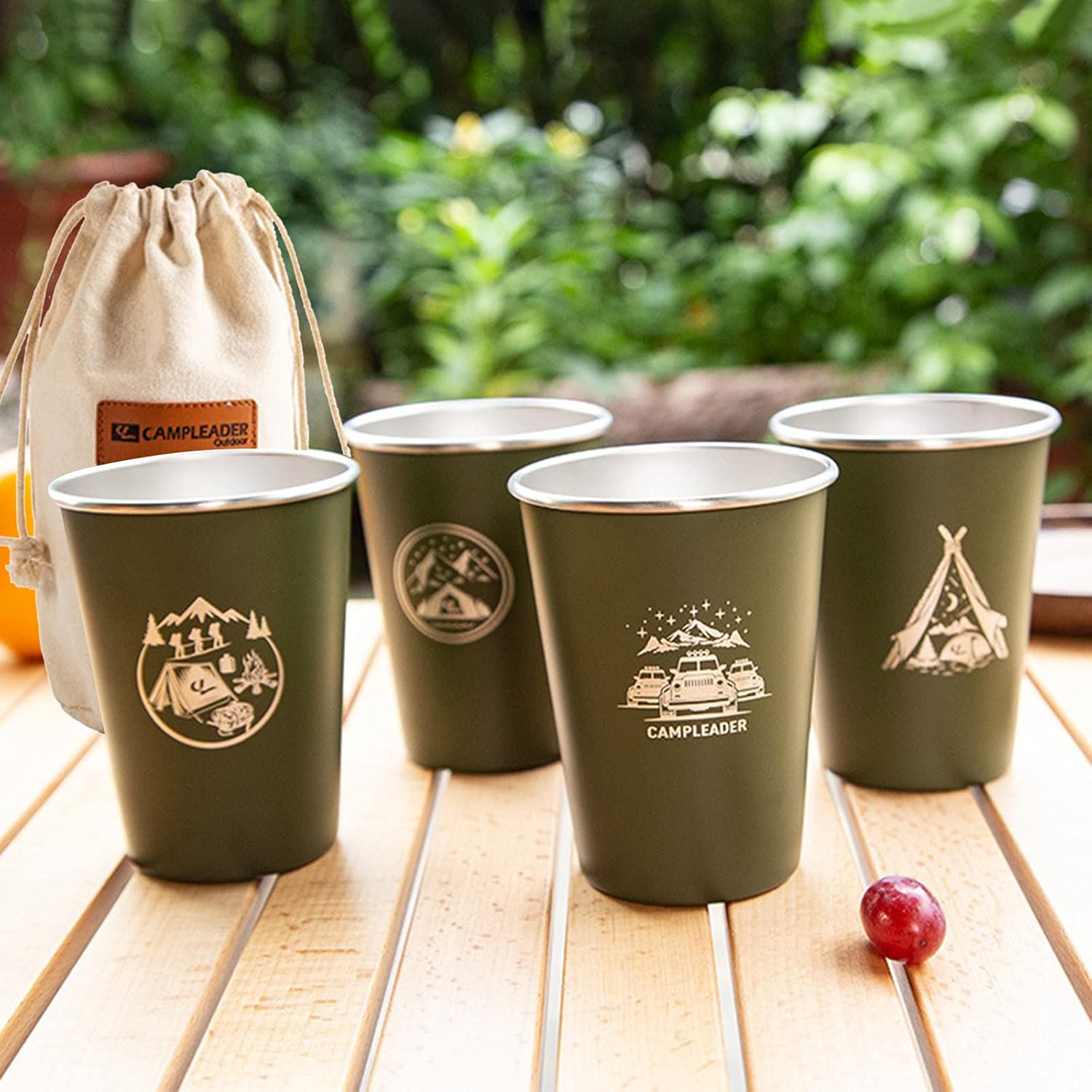 4pcs Stainless Steel Cups, 350ml Metal Glasses, BPA Free, Outdoor Camping Mugs with Storage Bag, Perfect for Hiking and Picnics - Green