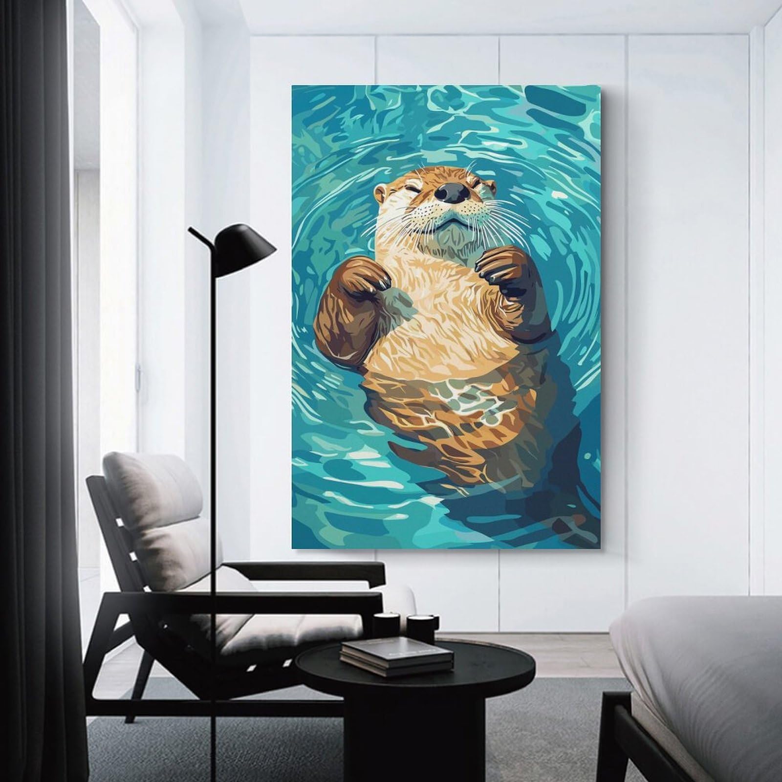 Junmoney Relaxing Otter in Water Illustration Canvas Art Print 24x36inch(60x90cm), for Front Hall, Corridor Or Welcome Spaces, Home Artwork for First Impressions