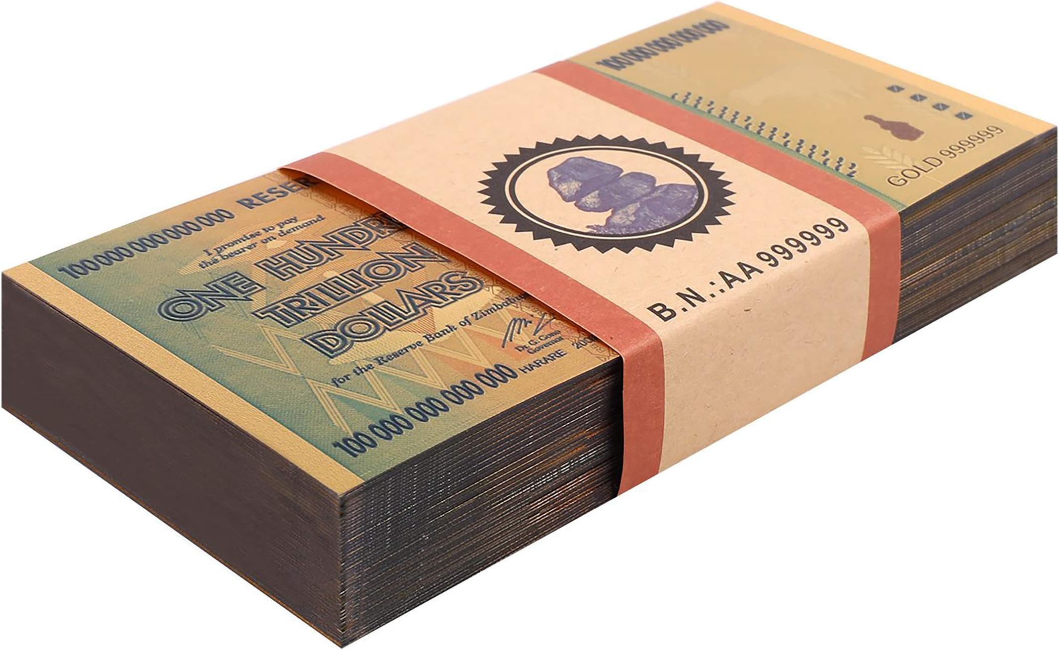 50X Zimbabwe 100 Trillion Dollars Gold Plated X 50 Pieces (PCS), Gold/2008, P-91, UNC, with Rock COA, Gold-Blue